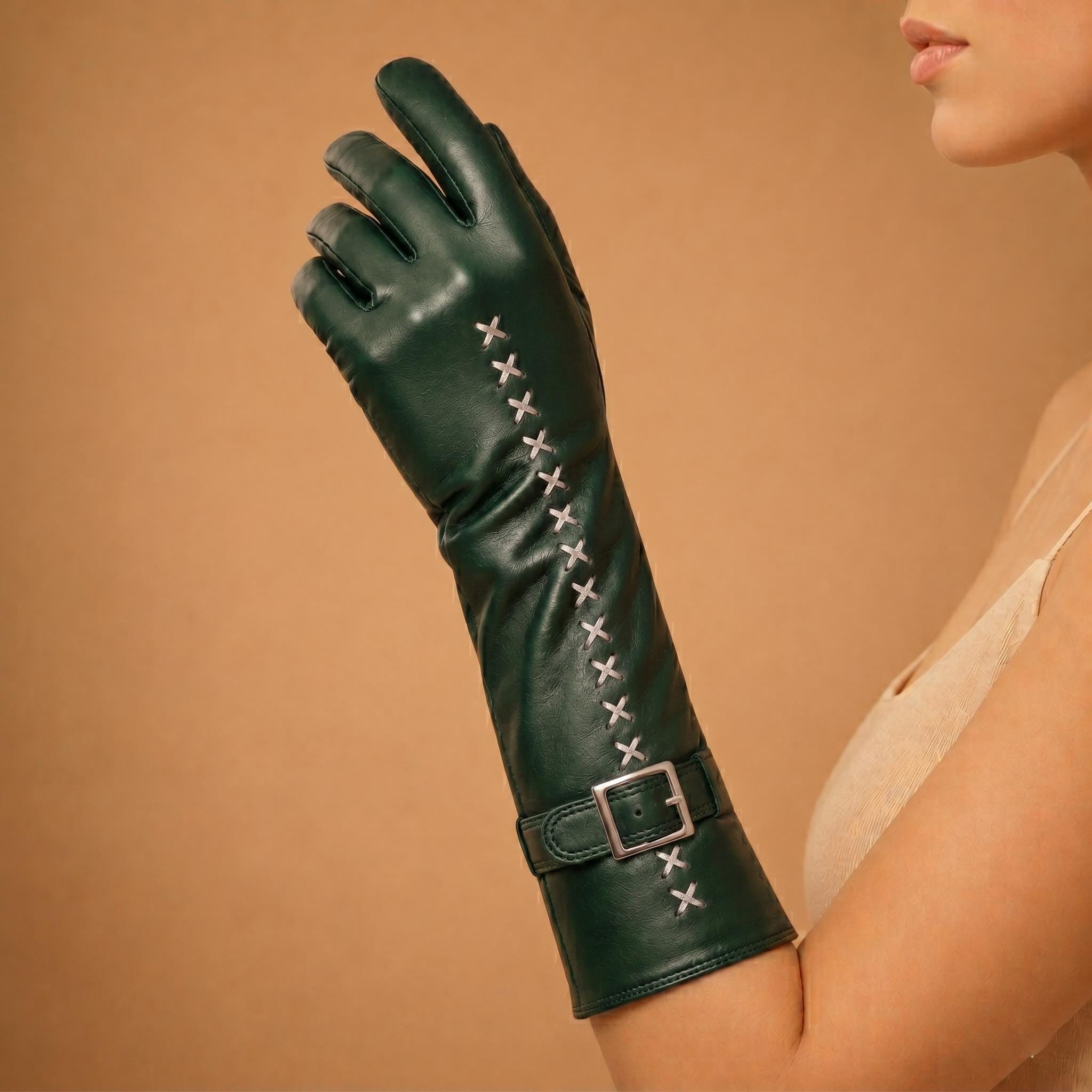 Women's Long Gloves with Cross-Stitch Embroidery