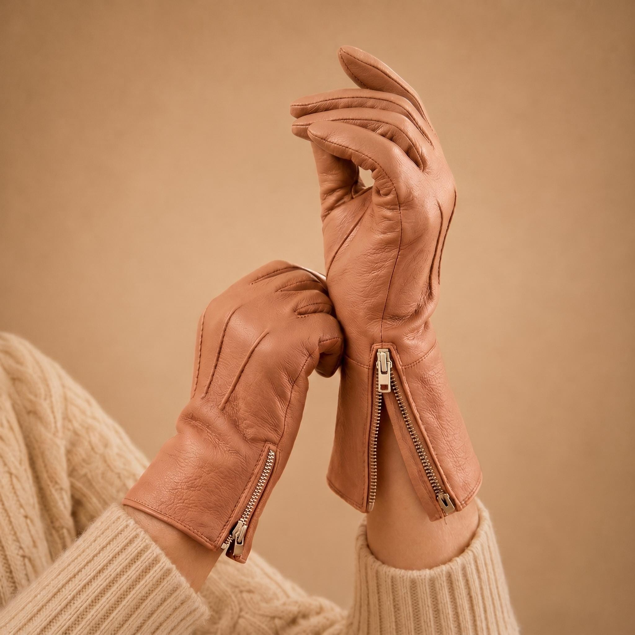 Brown full-finger side-zip gloves